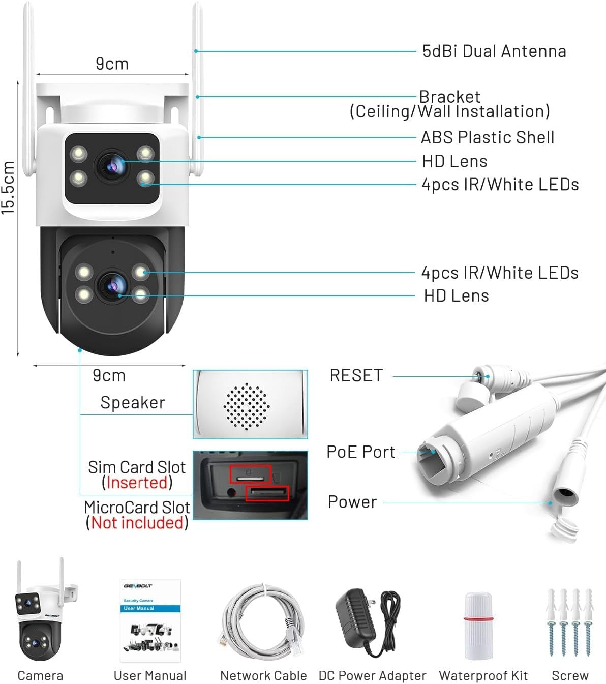 4G LTE PoE Security Camera Dual Lens PTZ 24/7 CCTV No WiFi