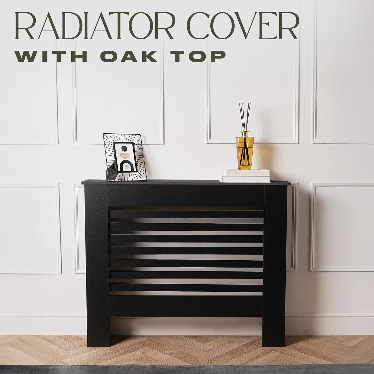 Black Radiator Cover Medium MDF Slatted Cabinet – Modern Wooden Heater Shelf