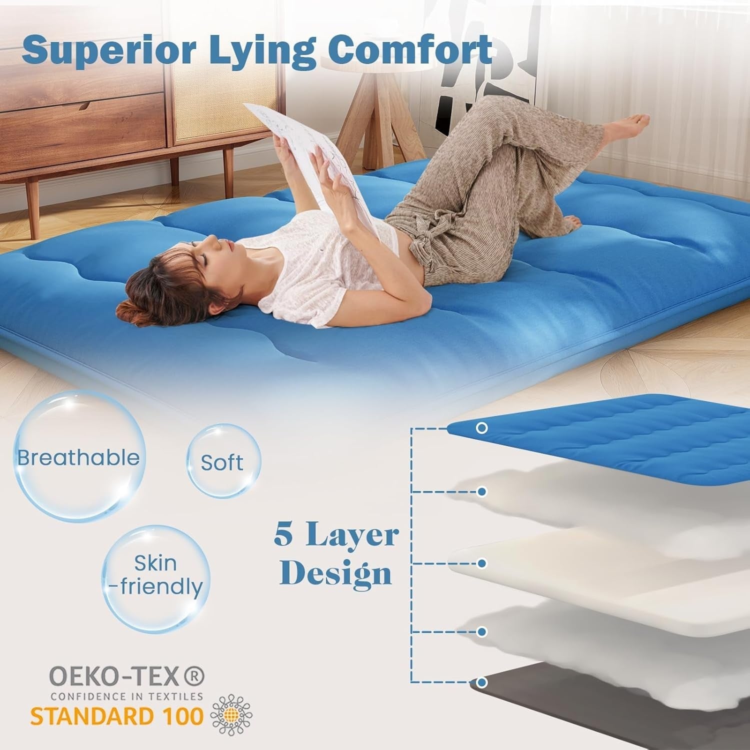 10cm Thick Japanese Floor Mattress Tatami Mat Sleeping Pad King Navy Blue