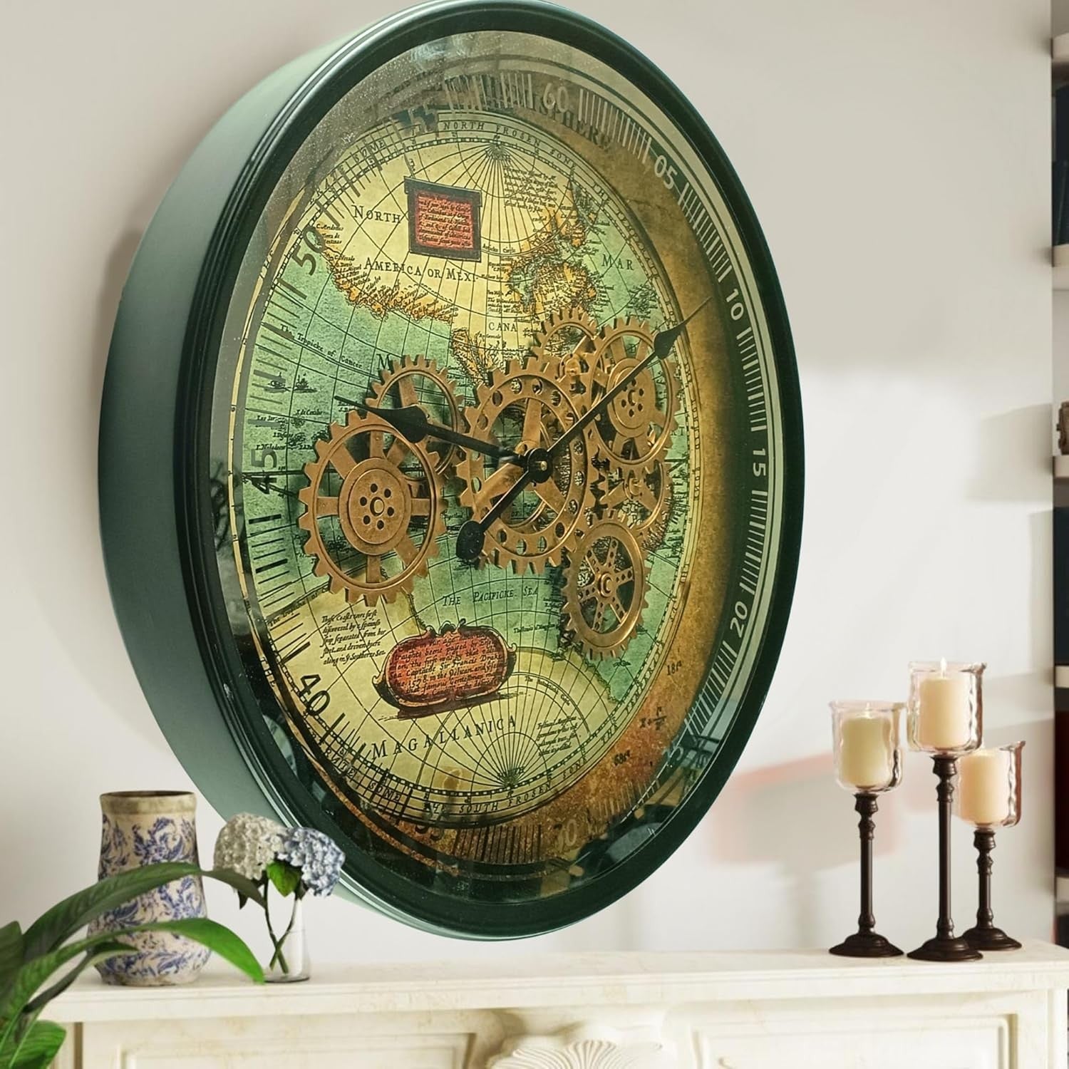 24” Moving Gear Wall Clock Vintage Retro Round Metal Map Design 60cm