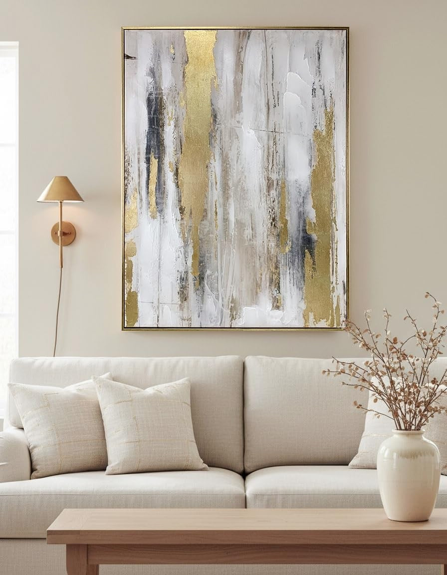 Gold & Gray Abstract Canvas Wall Art – Modern Textured 24x32" Framed