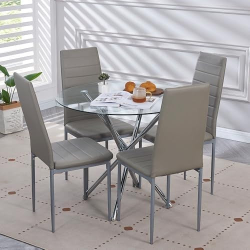 Round Glass Dining Table Set 4 Seater 90cm Silver Gray Faux Leather