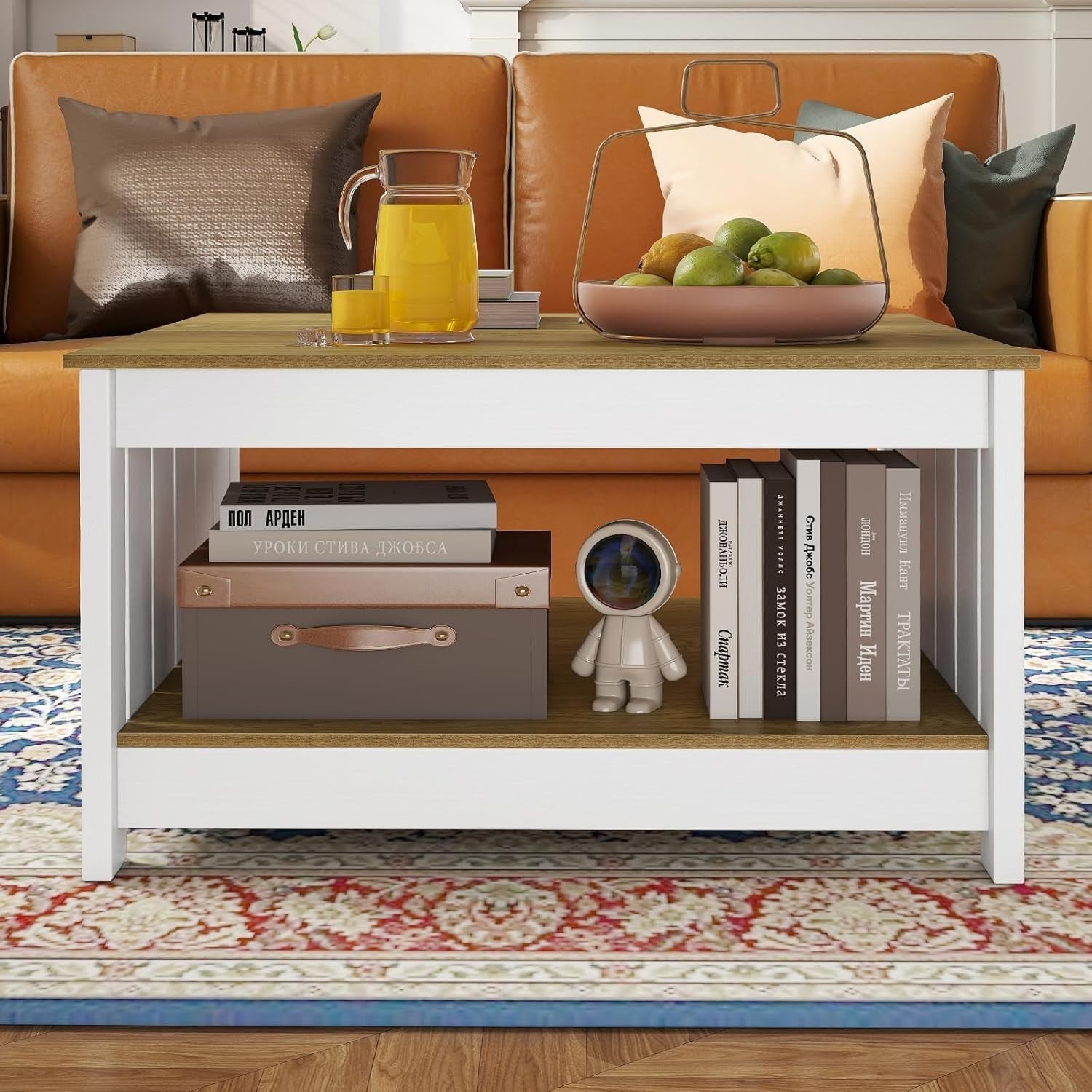 2-Tier Square Coffee Table with Storage Shelf Farmhouse Rustic 80x80x45cm