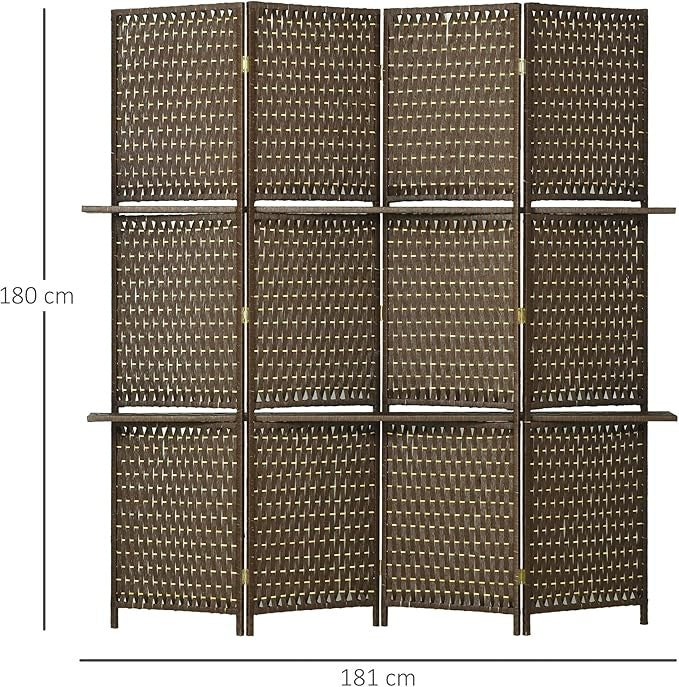 4 Panel Folding Room Divider with Shelves – Brown Woven Privacy Screen