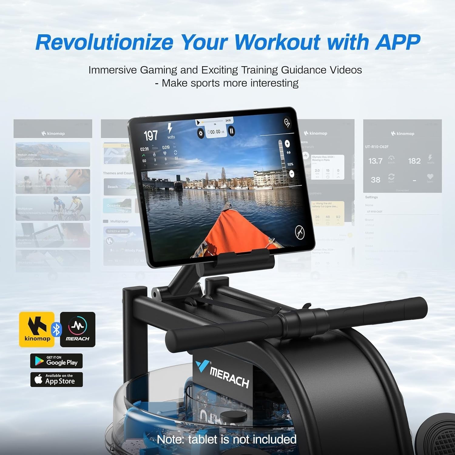 Water Rowing Machine 6-Level Resistance Quiet Steel Frame App Compatible
