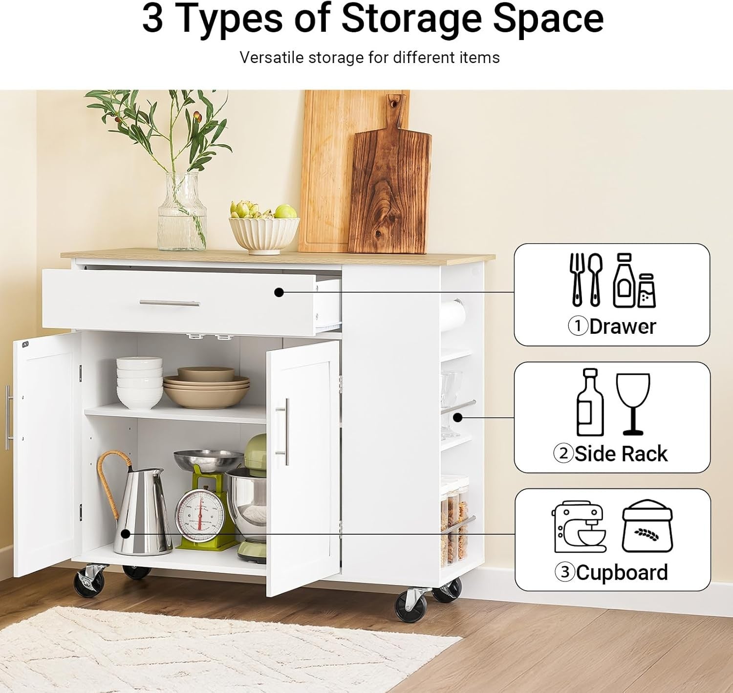 Kitchen Island on Wheels Storage Trolley with Drawer Cupboard Adjustable Shelf