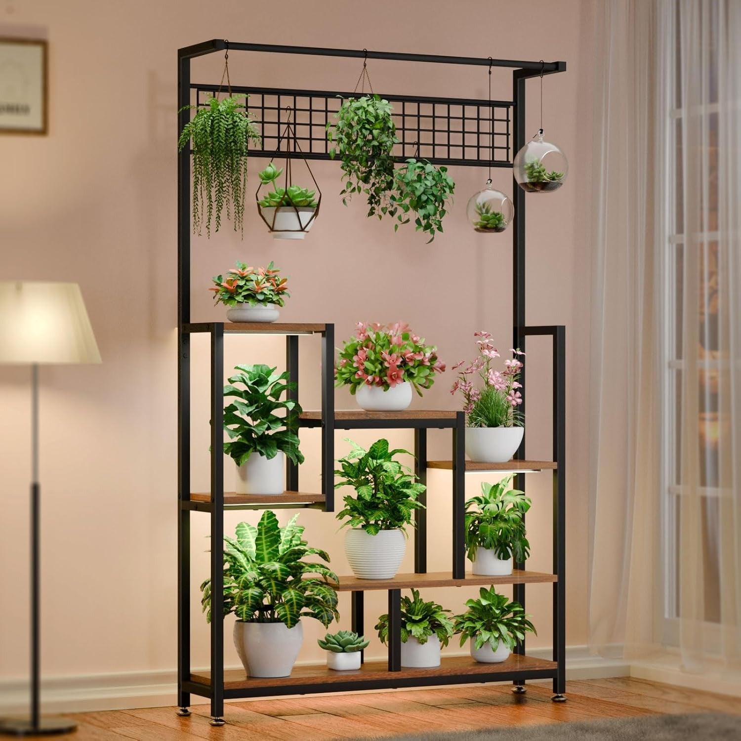 6 Tier Tall Metal Plant Stand with Grow Lights Indoor Outdoor Flower Shelf
