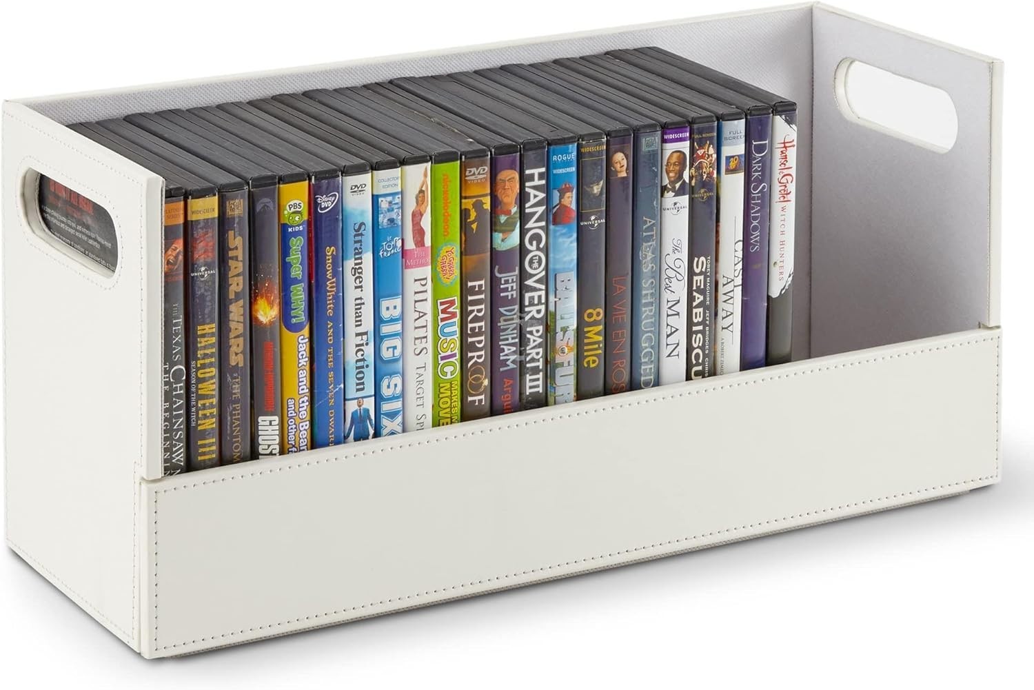 DVD Storage Box Organizer Holds 28 Cases Faux Leather White Shelf