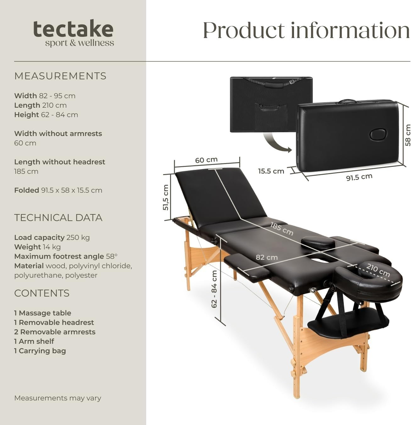 Portable 3 Zone Massage Table Foldable Therapy Beauty Bed 61cm Adjustable Black