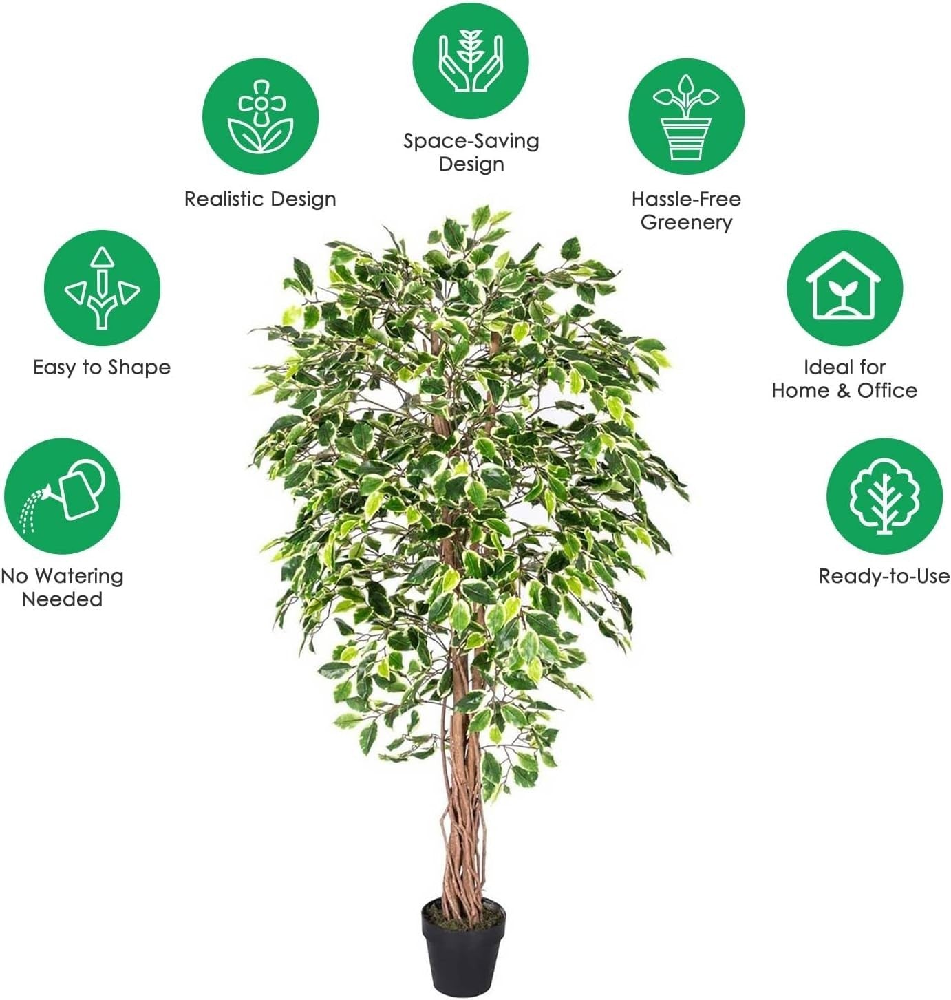 6ft Variegated Ficus Tree Artificial Plant Real Wood Trunk Lifelike Indoor Decor