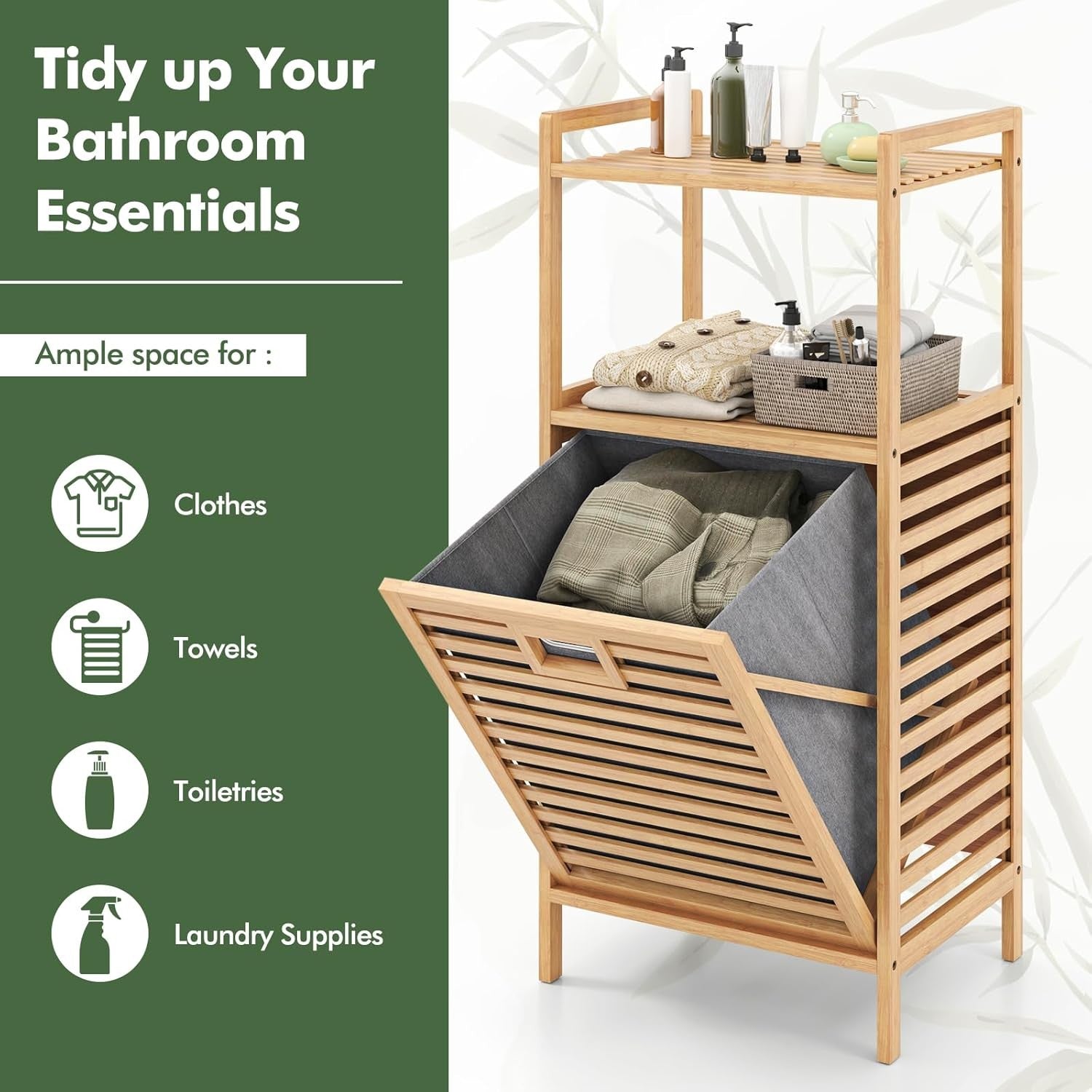 Bamboo Laundry Hamper Cabinet Tilt Out Storage Shelf with Removable Bag