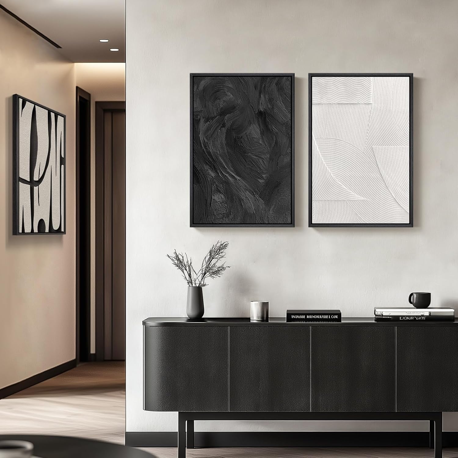 Black White Abstract Canvas Wall Art 3 Panels 16x24" Modern Decor