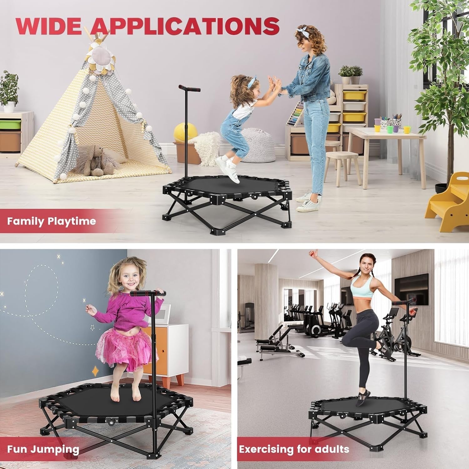 40in Foldable Mini Rebounder Trampoline Adjustable Handle Indoor Fitness