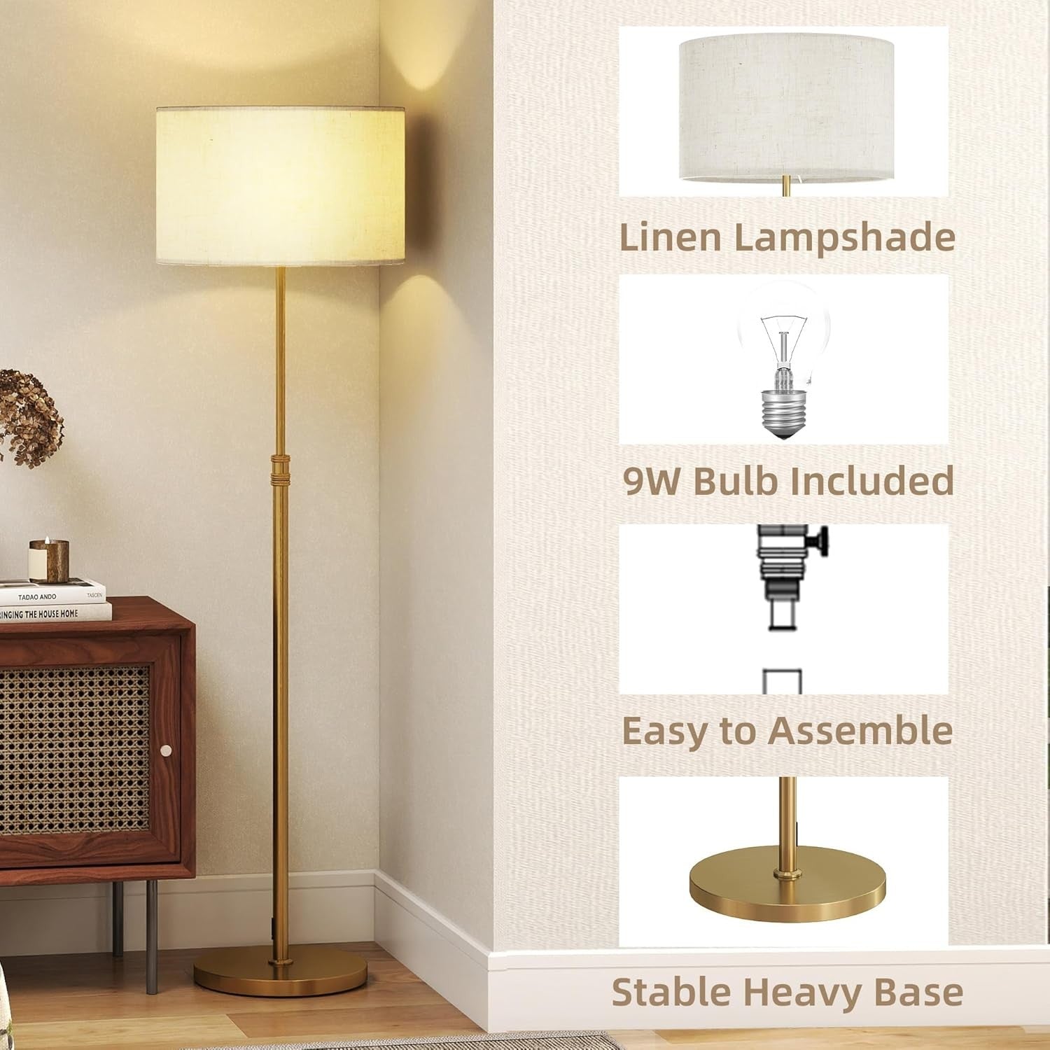 Dimmable Floor Lamp with Remote Height Adjustable Linen Shade Gold