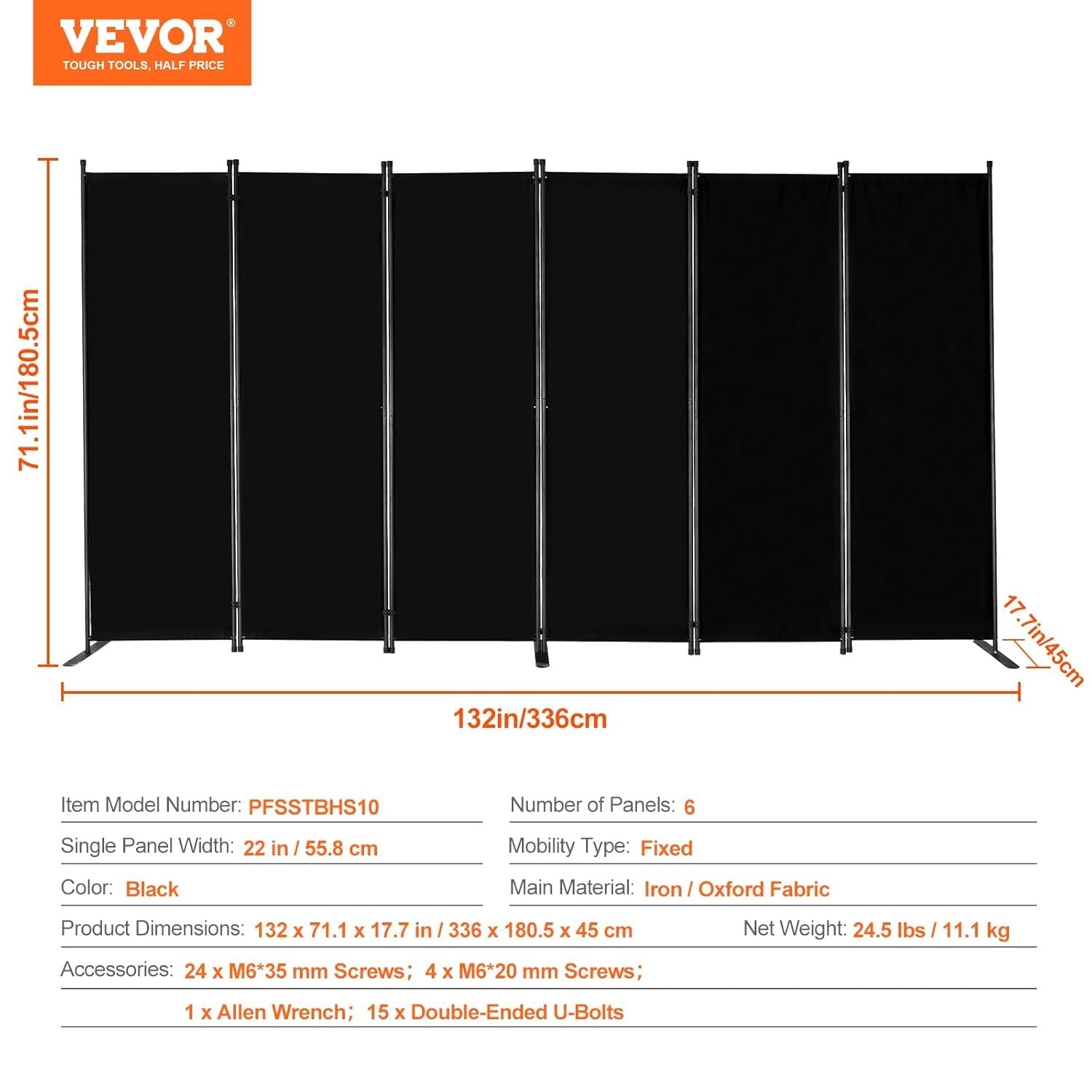 6 Panel Folding Room Divider Black Privacy Screen Freestanding 317x181cm