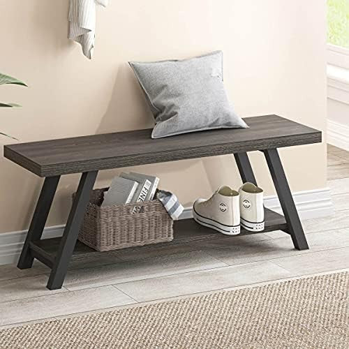 Dark Grey Oak Industrial Storage Bench Metal Frame Entryway Shoe Rack Seat