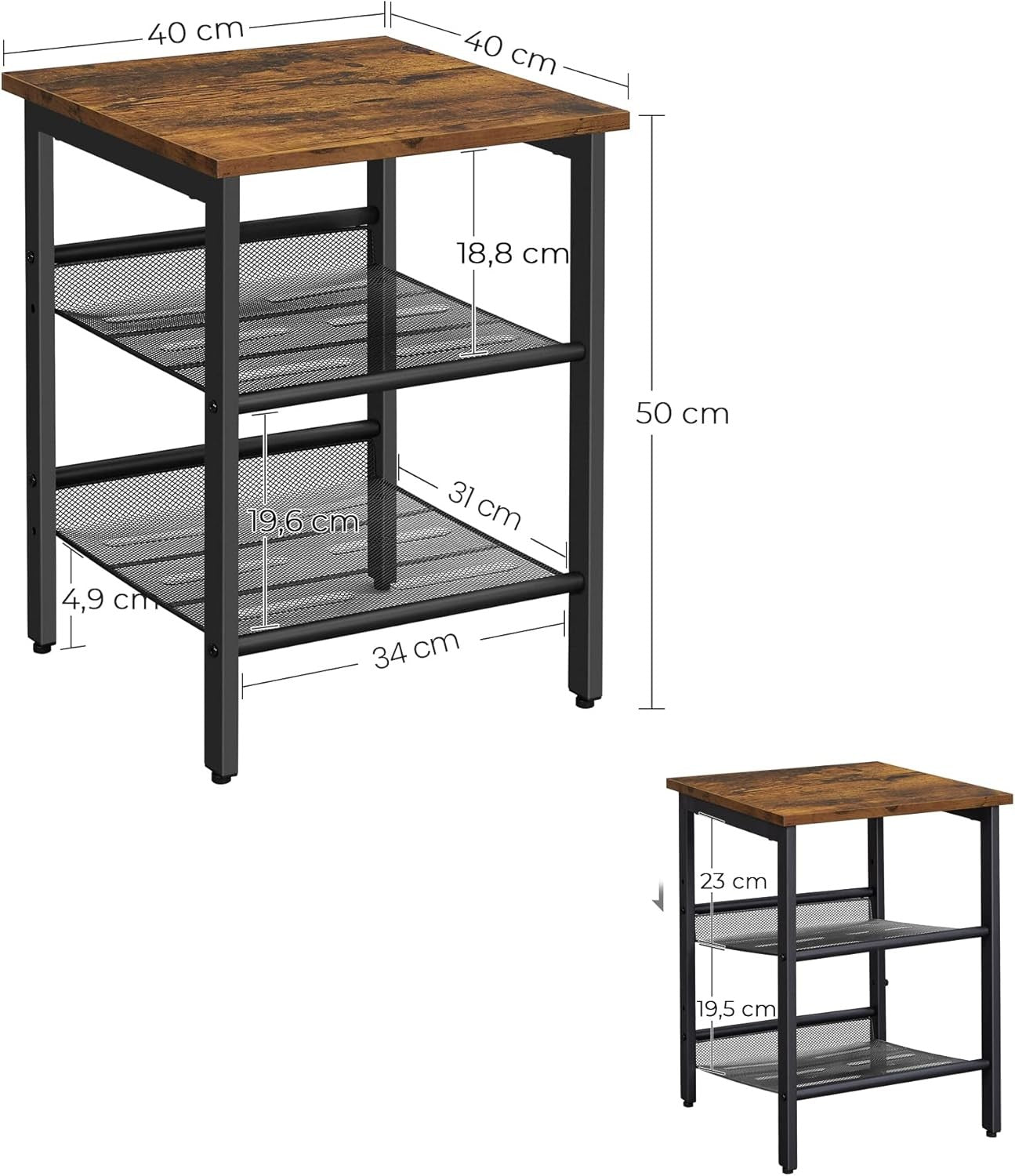 Set of 2 Industrial Bedside Tables with Shelves, Rustic Wood Side Tables