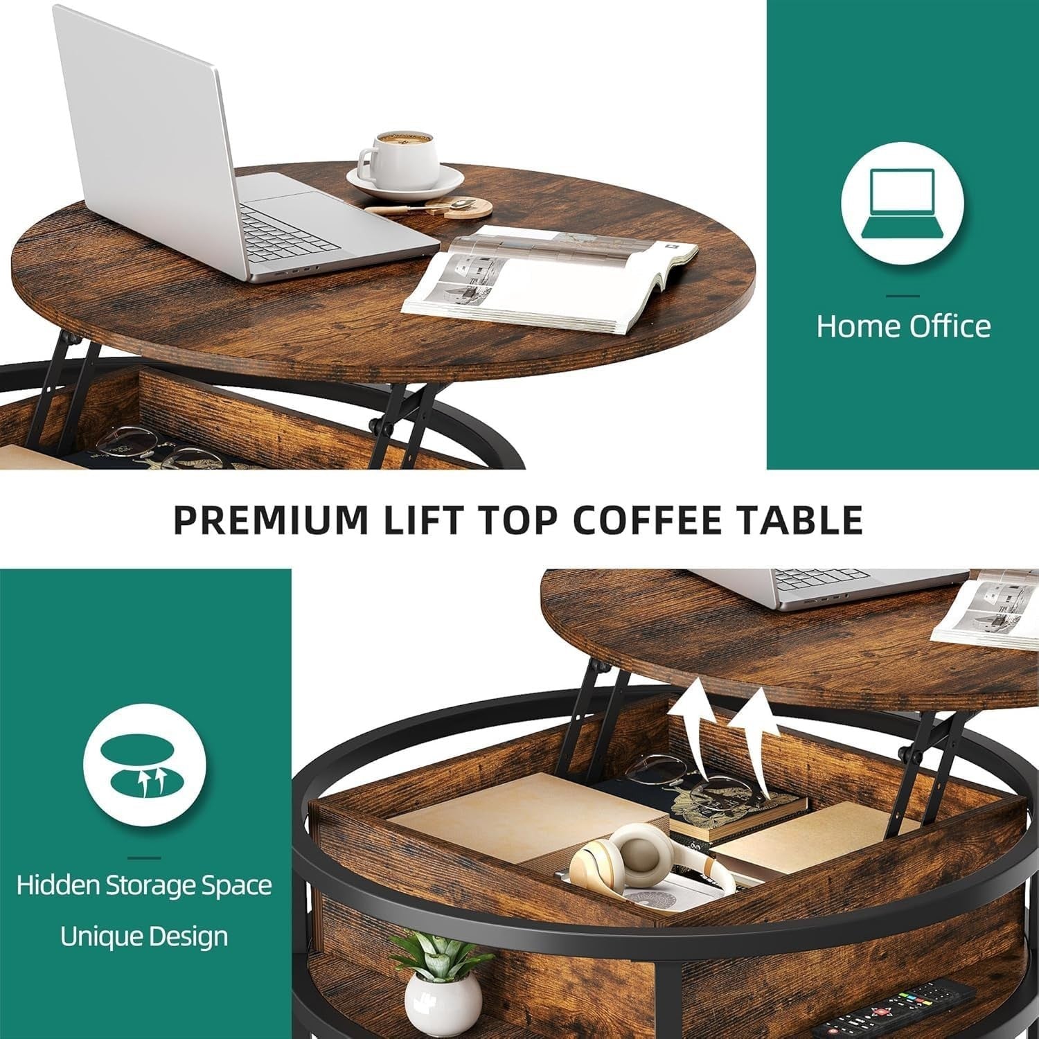 Lift Top Coffee Table Round 80x80x47cm with Hidden Storage Brown Wood