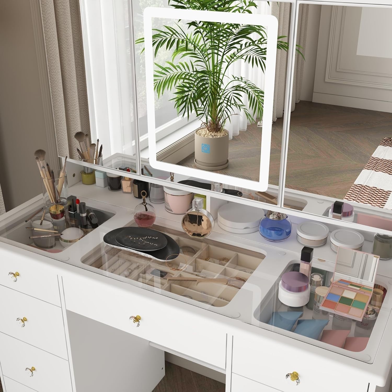 White Modern Vanity Desk Makeup Table LED Mirror 9 Drawers Glass Top Storage