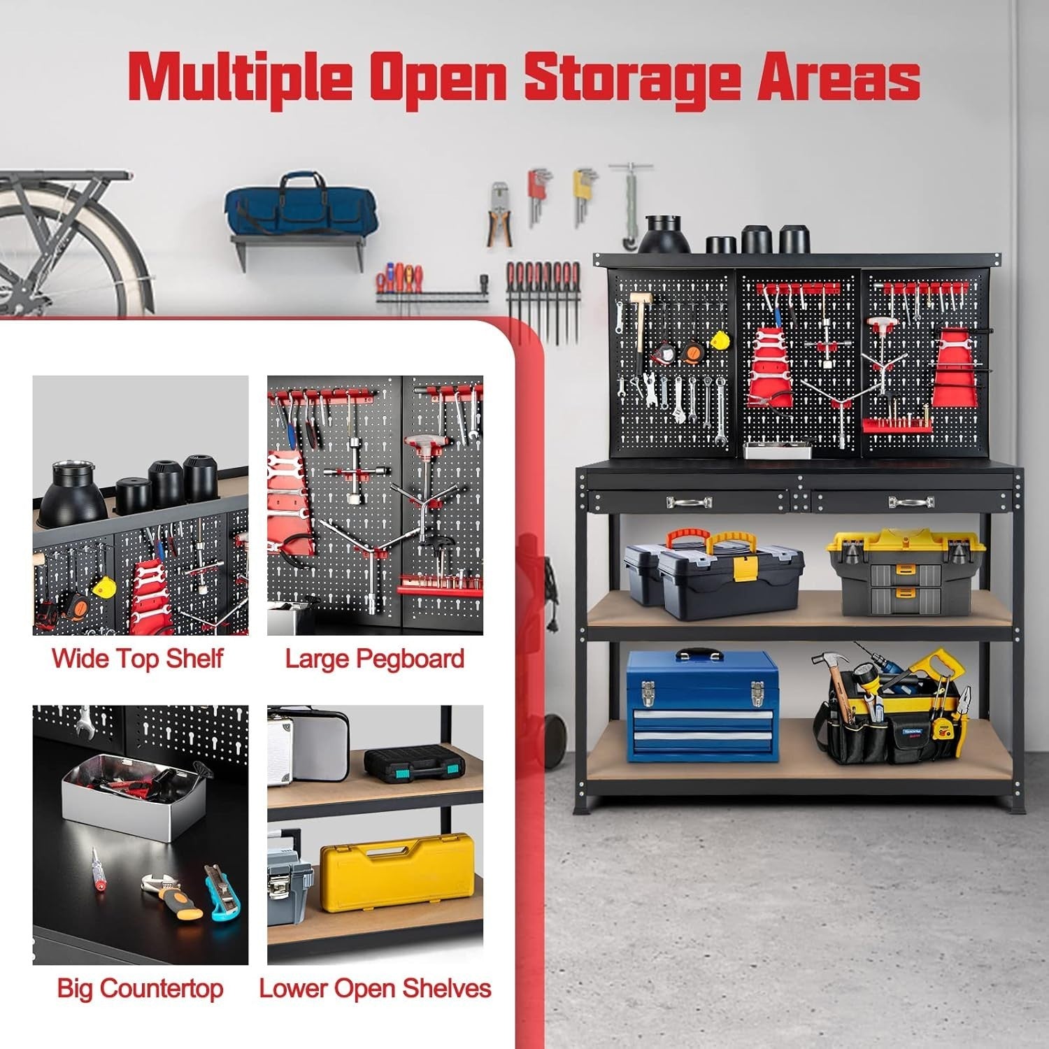 Heavy Duty Workbench 121x61x156cm Black+Red Pegboard 2 Drawers Shelves