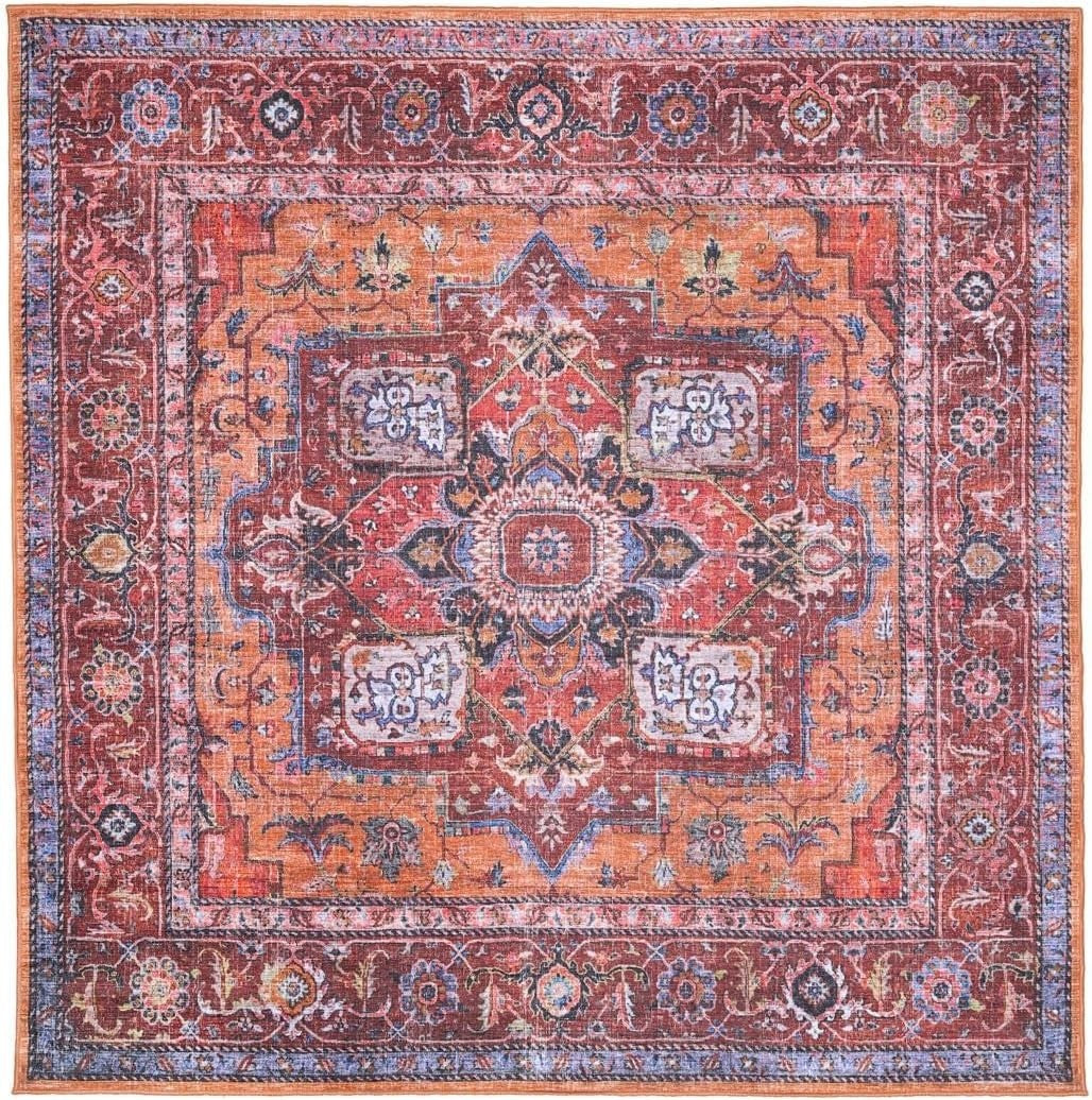 Large Oriental Area Rug 240x240cm Red Blue Square Low Pile Machine Washable