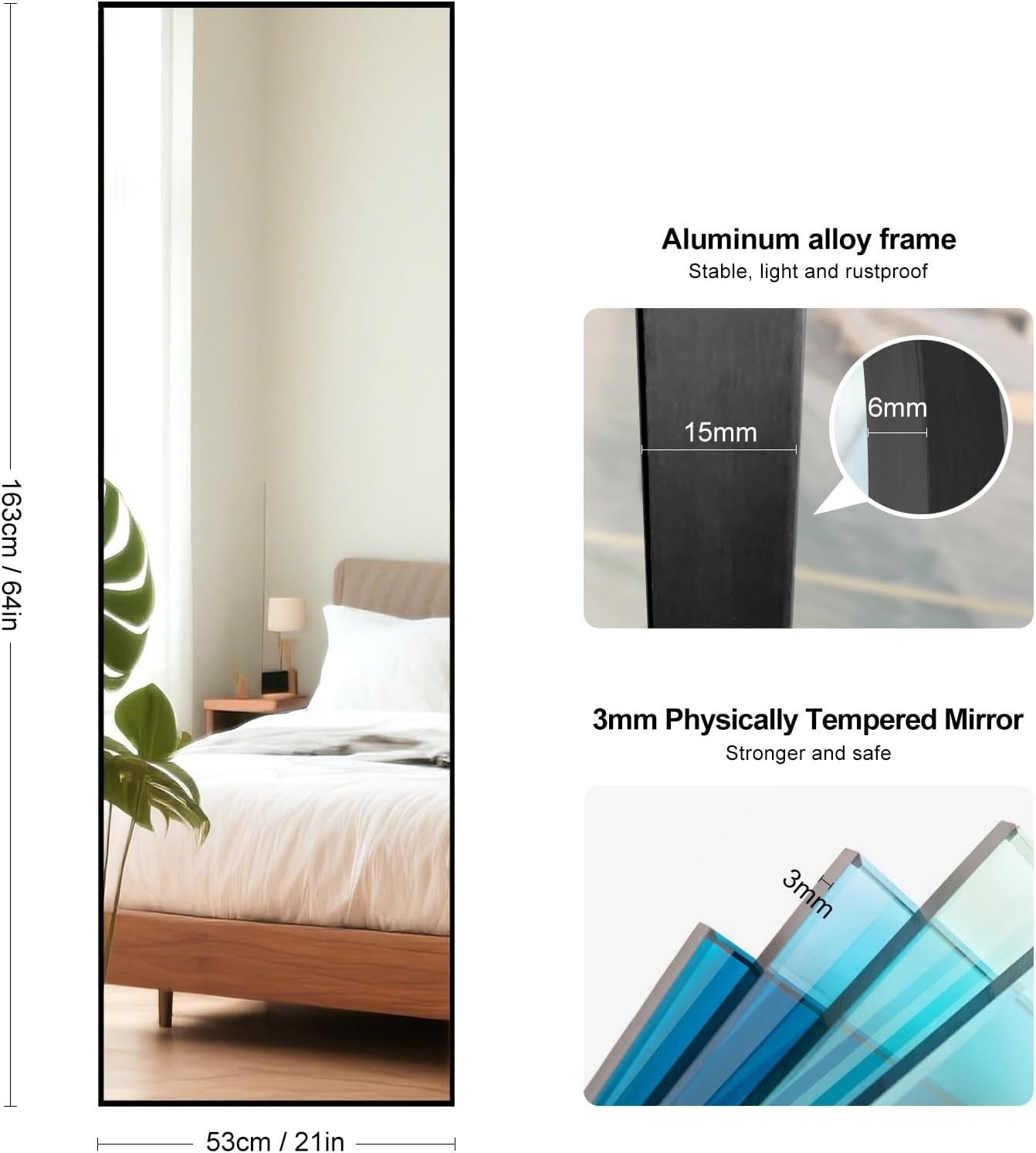 Full Length Mirror 163x53cm Square Black Frame, Shatterproof for Bedroom