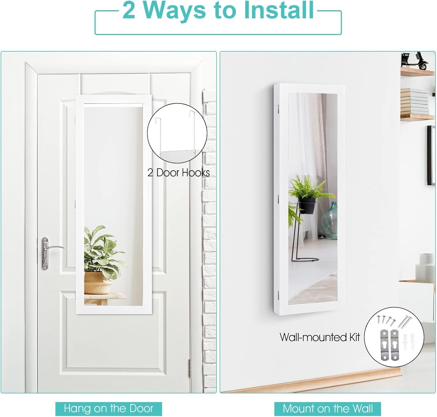 Wall Mounted Jewelry Cabinet Full Length Mirror Hanging Organizer White