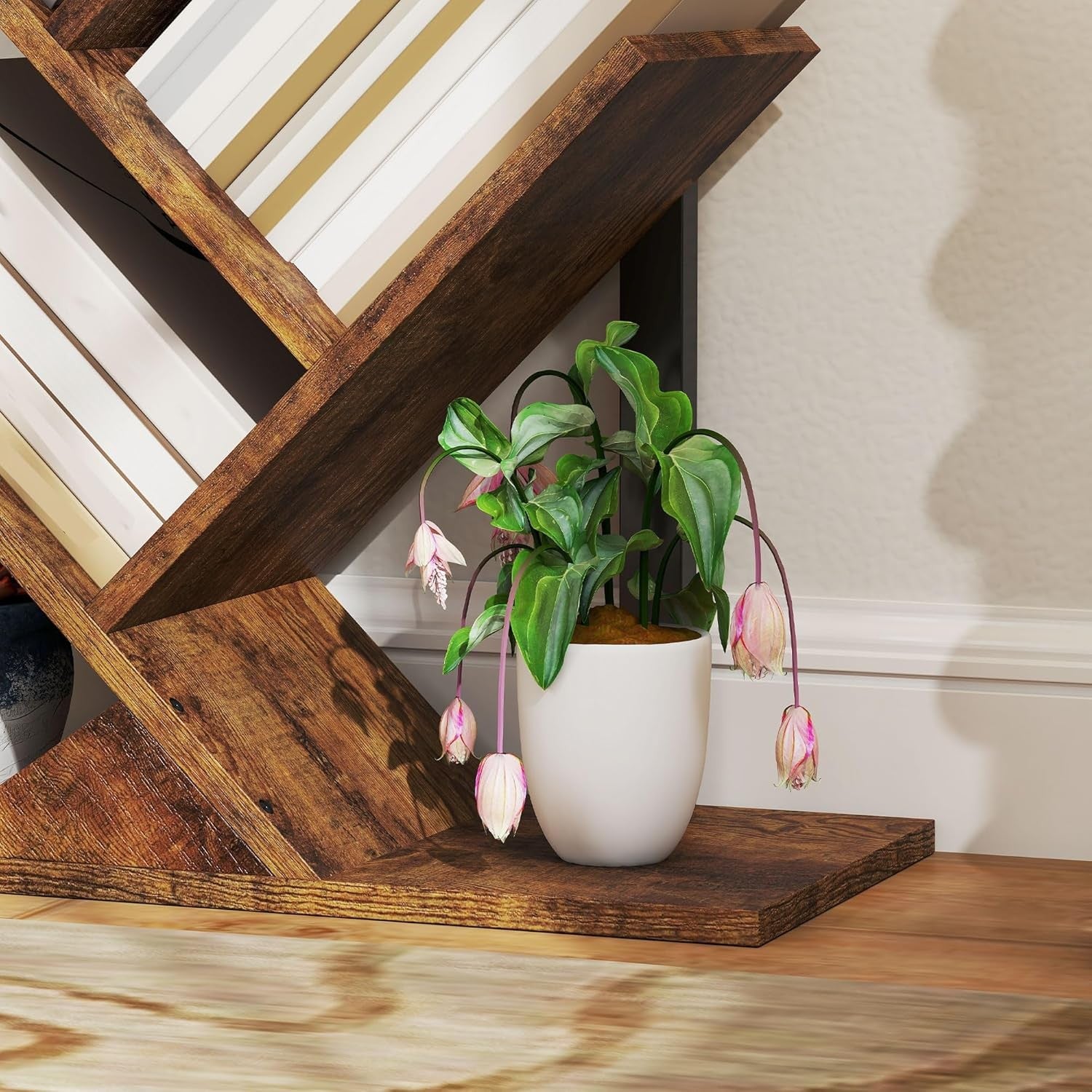 Rustic Brown Tree Bookshelf 5-Tier Vertical Bookcase Modern Space-Saving Shelf