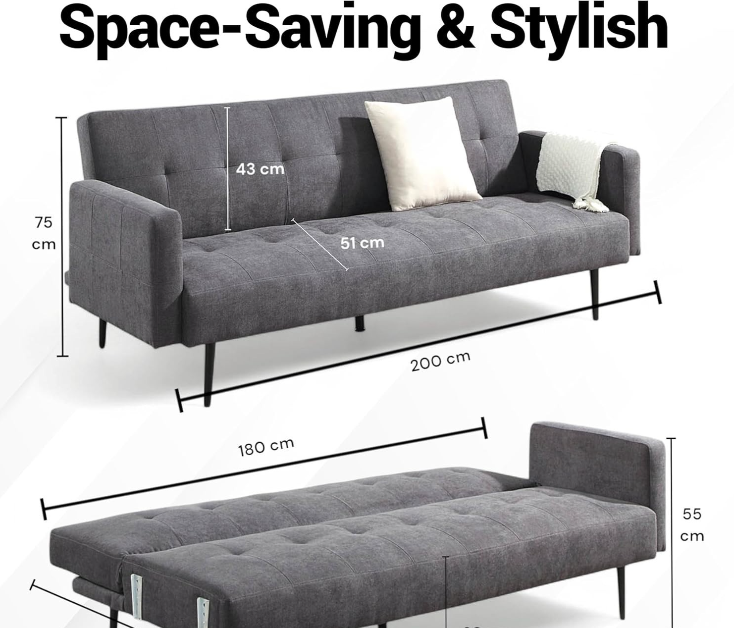 Modern 3 Seater Sofa Bed Click Clack Grey Upholstered Sleeper Couch