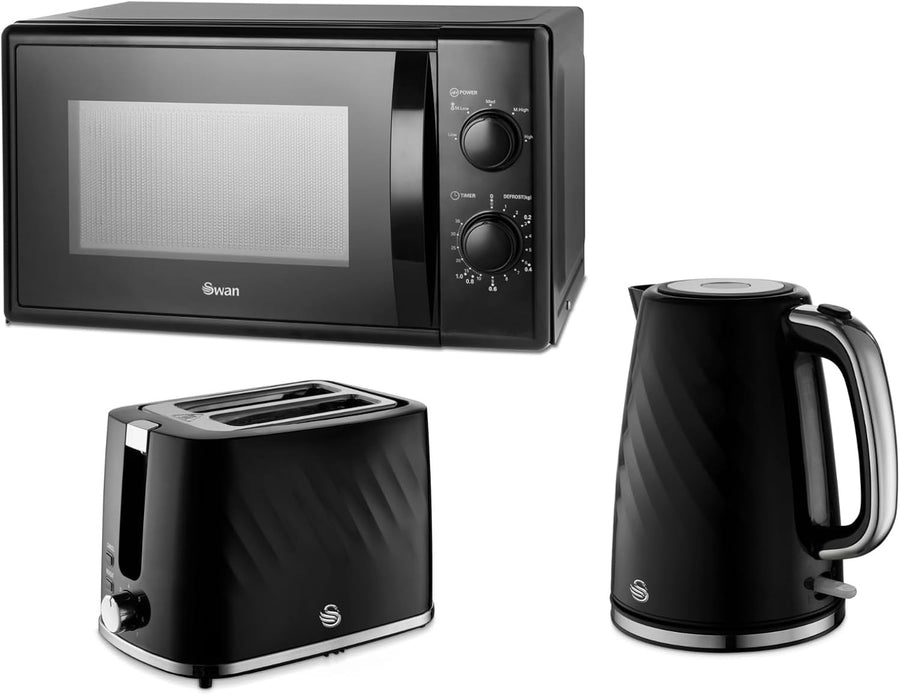 3pc Black Kitchen 20L Microwave 1.7L Kettle Toaster