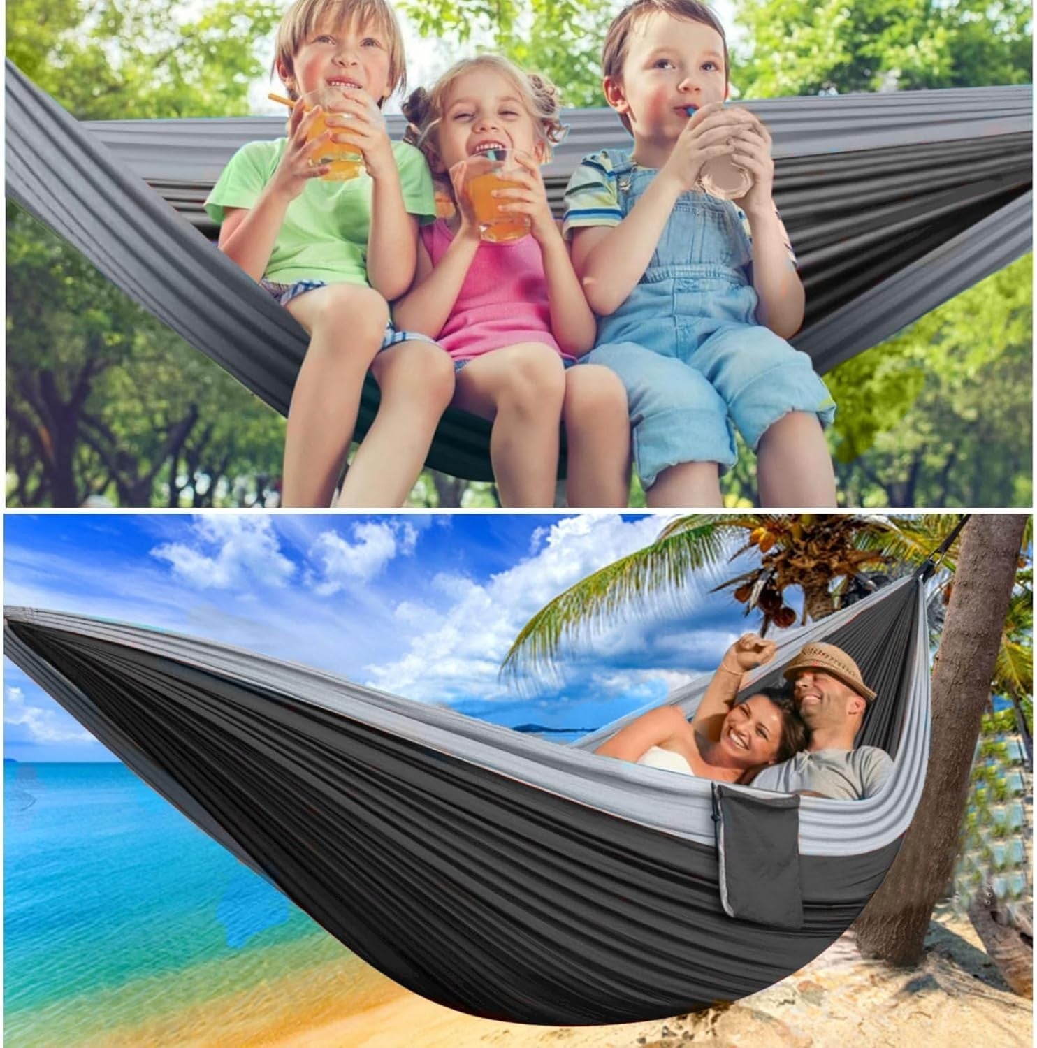 Double Camping Hammock 2-Person 600lb Heavy Duty Portable Outdoor Black & gray