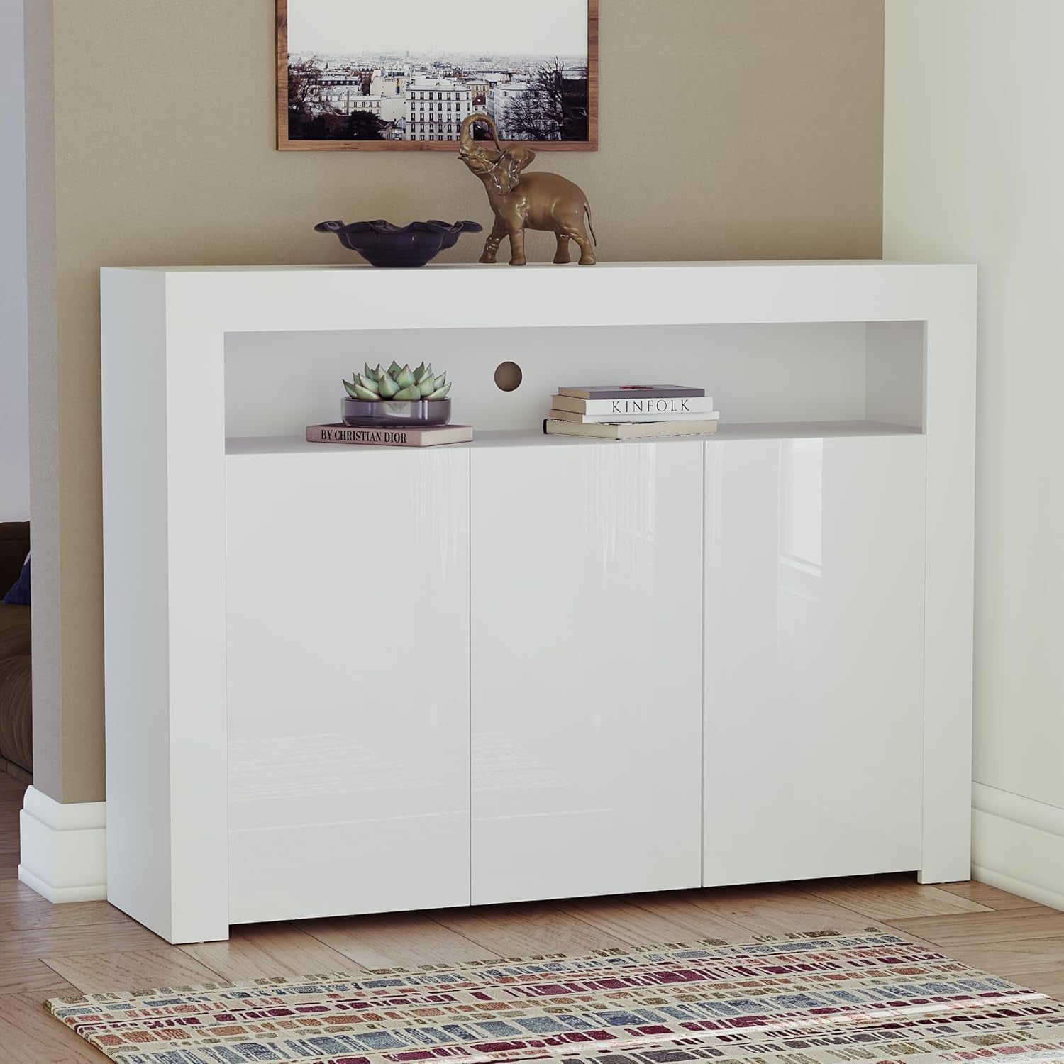 Modern White LED Sideboard 3 Doors 3 Drawers RGB Lighting Storage Cabinet