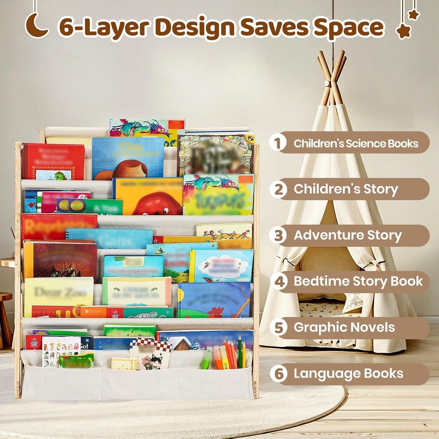 6-Tier Kids Bookshelf Wooden Toddler Book Display Storage Nursery Playroom
