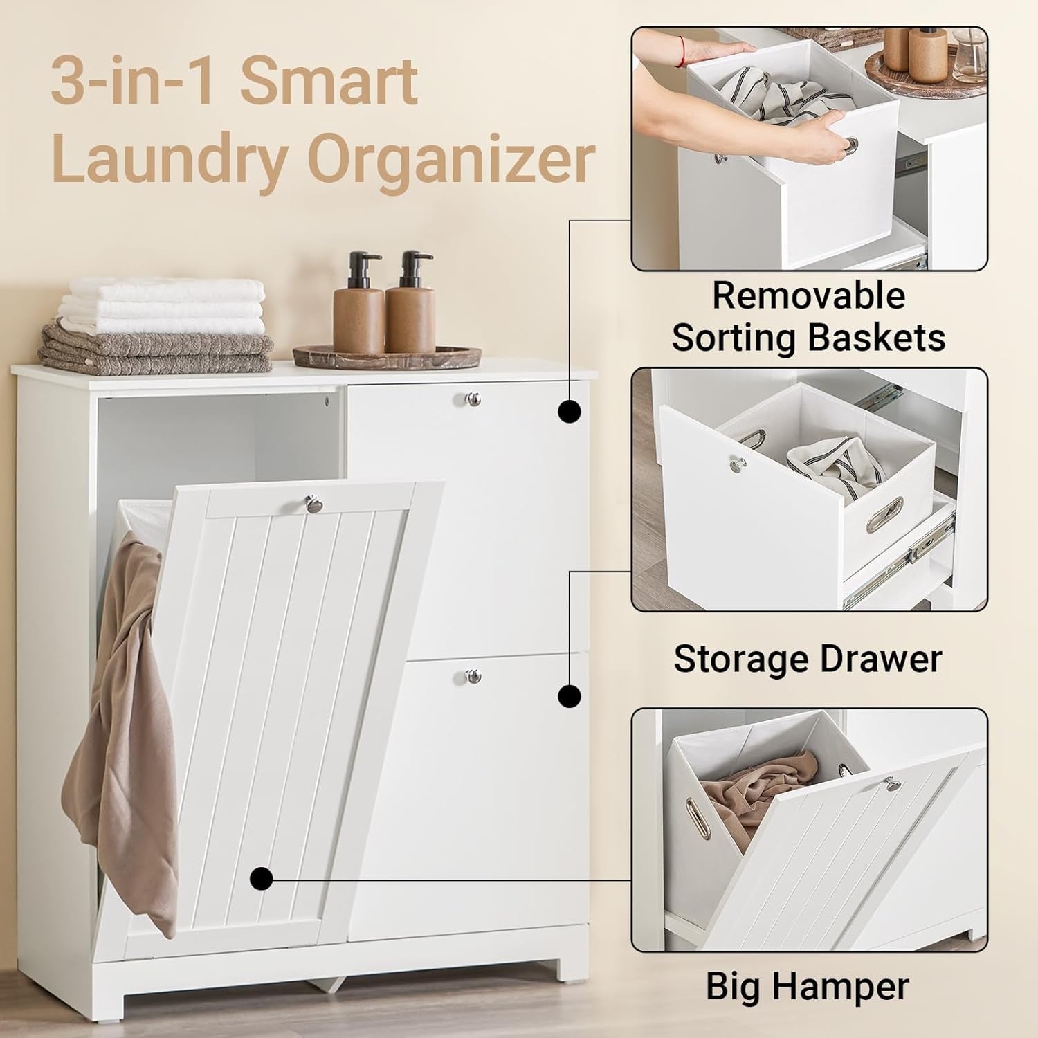 Slim Bathroom Laundry Cabinet with 3 Baskets Tall Storage Unit White