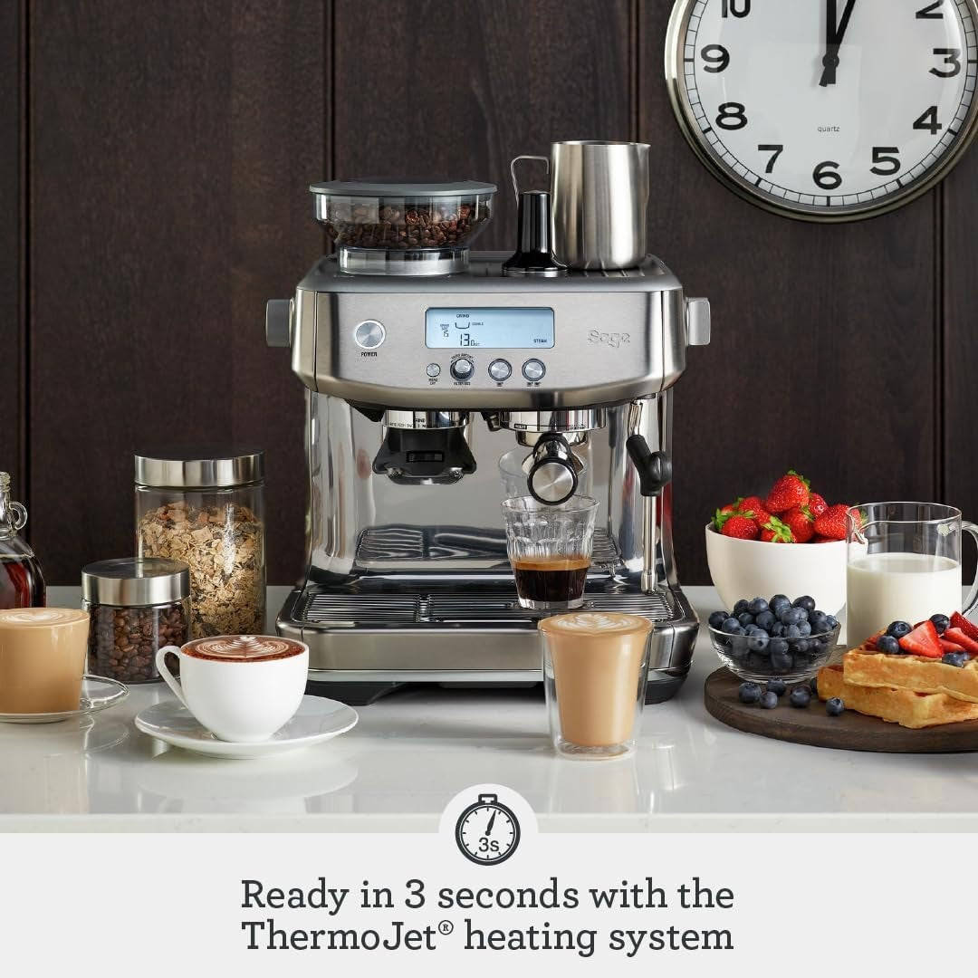 Barista Pro Espresso Machine with Grinder ThermoJet Milk Frother Steel 2L
