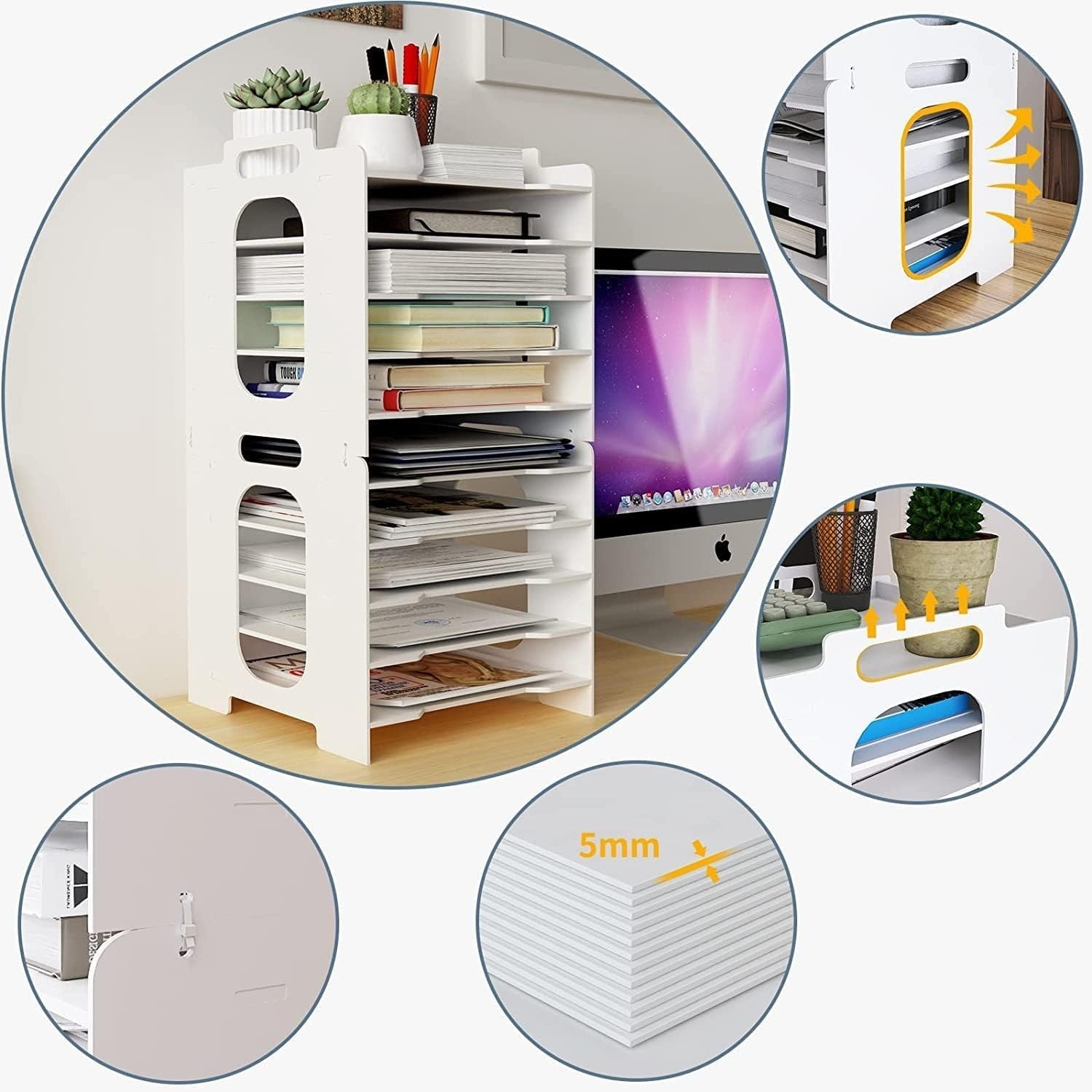 10-Tier White Desk Paper Tray Organizer for A4 Files & Documents
