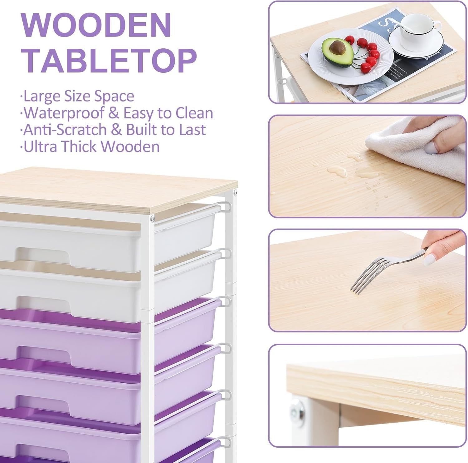 8 Drawer Mobile Storage Cart Purple Rolling Organizer Trolley Wheels