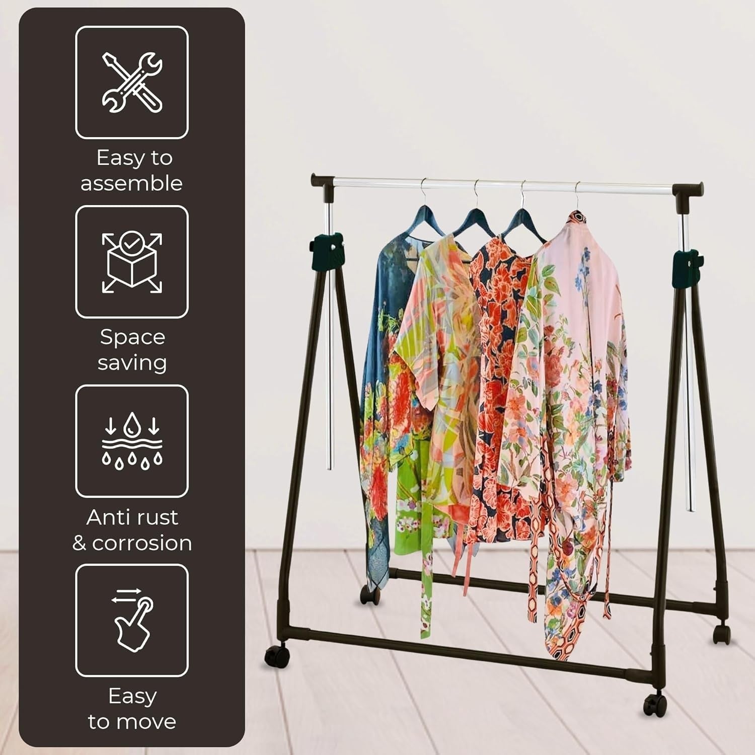 Adjustable Clothes Rail with Wheels – Chrome/Black