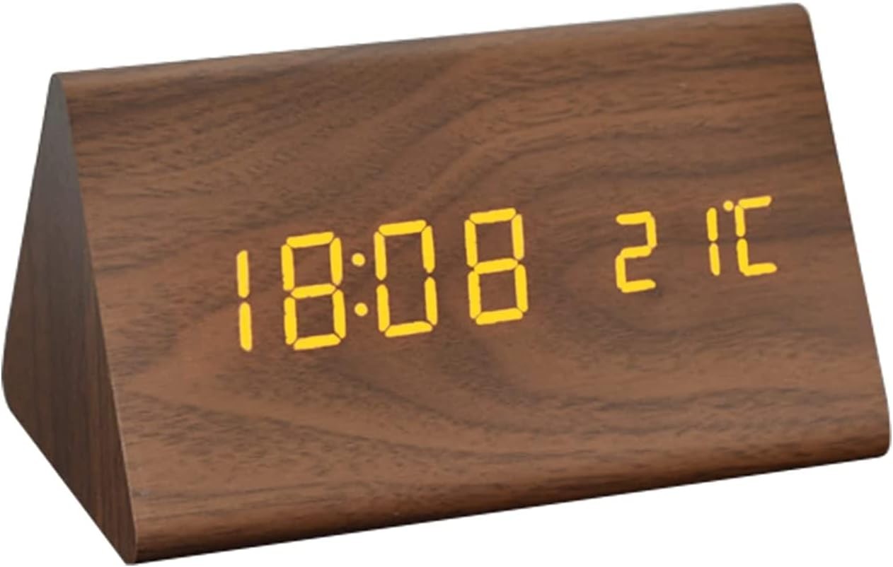Wooden LED Digital Alarm Clock Silent Bedside Snooze Temperature Display