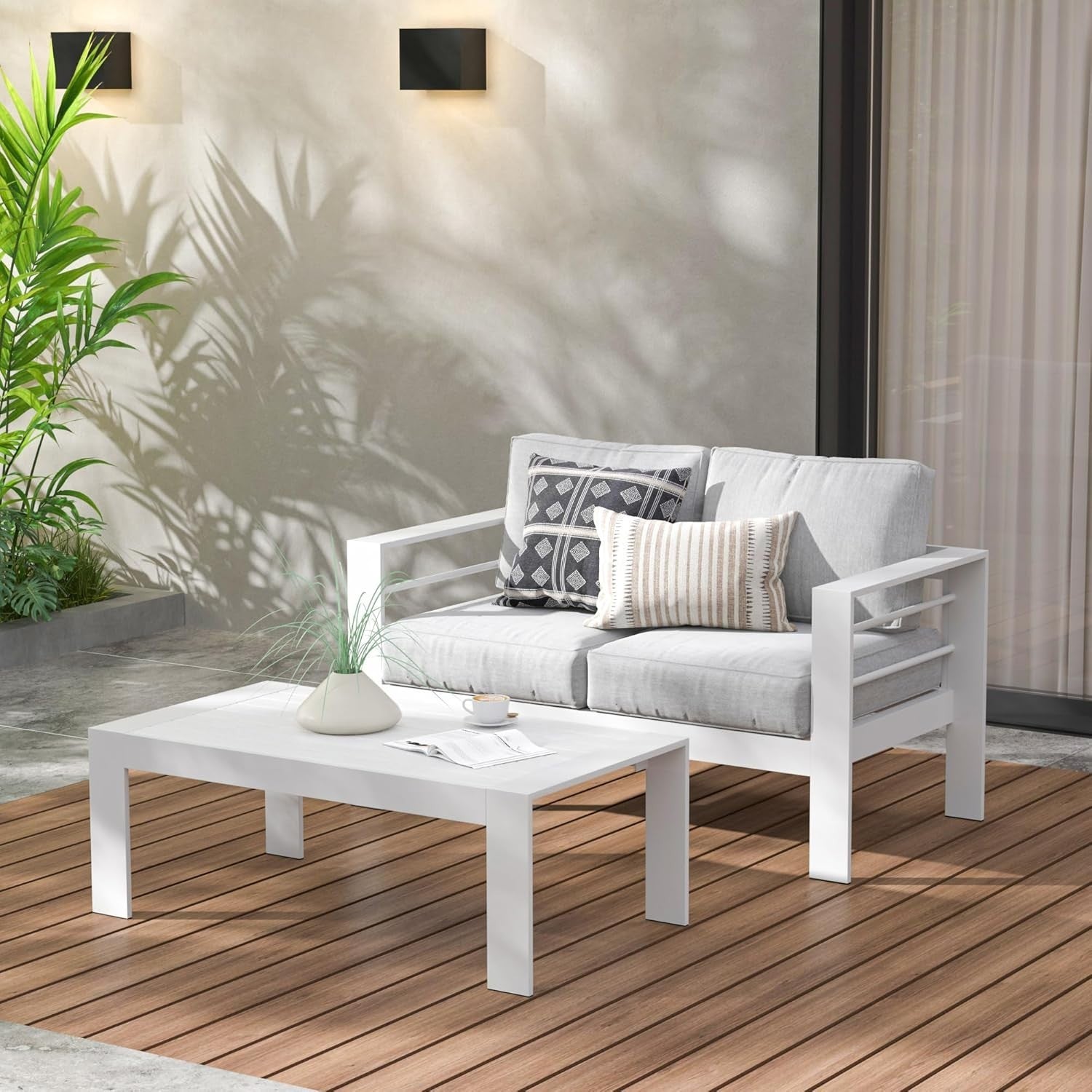 White Aluminum Outdoor Coffee Table, Rectangle Patio Table 109x61cm