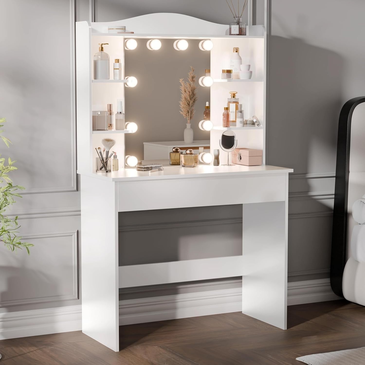 Modern White Dressing Table Vanity Mirror 10 LED Lights Storage Drawer & Shelves