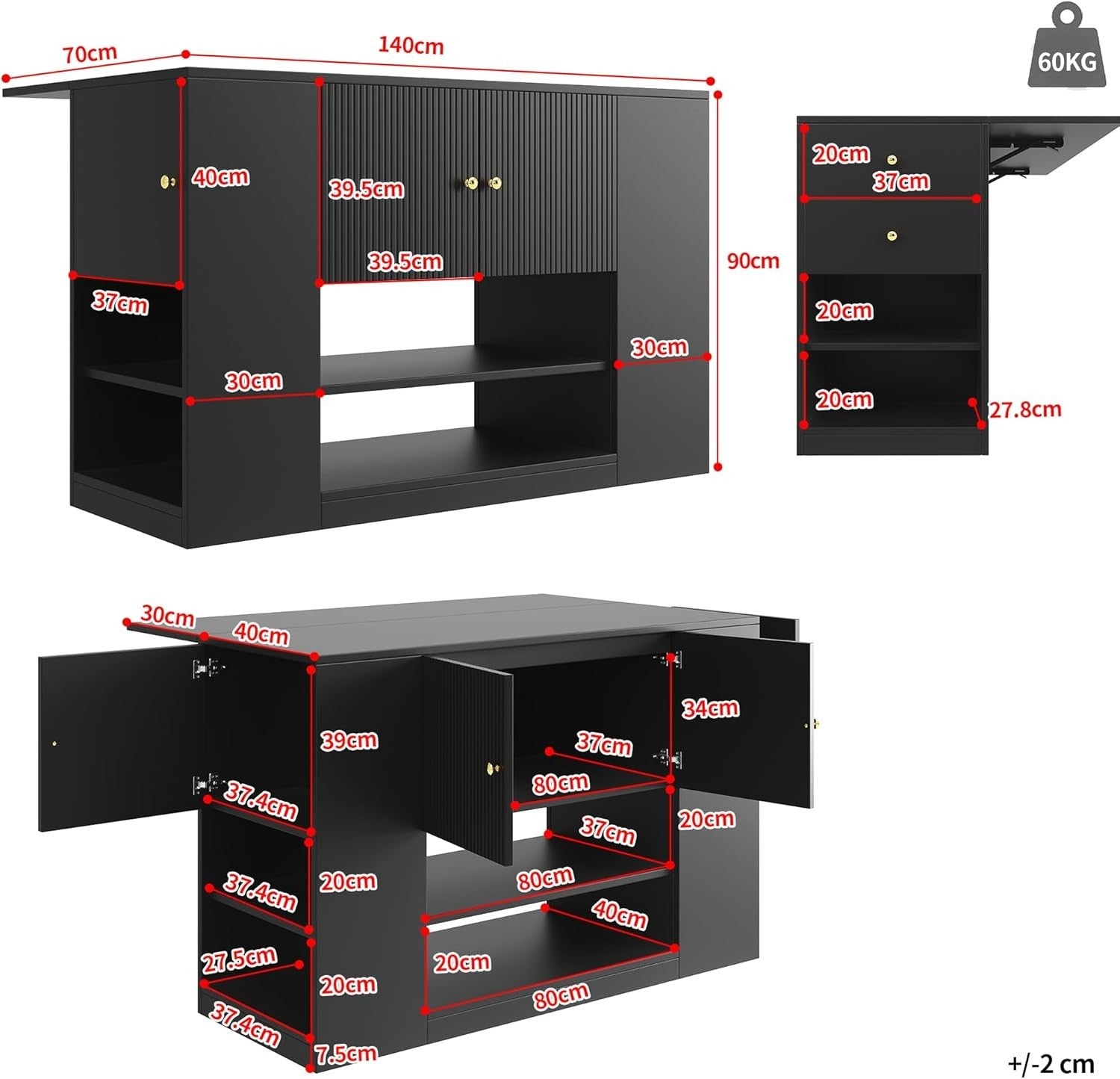 Black Kitchen Island Fold Out Table Storage Cabinet 140cm