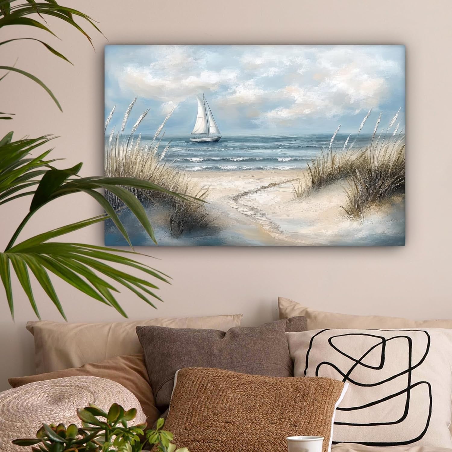 Beach Sailboat Canvas Wall Art 60x40cm Framed Coastal