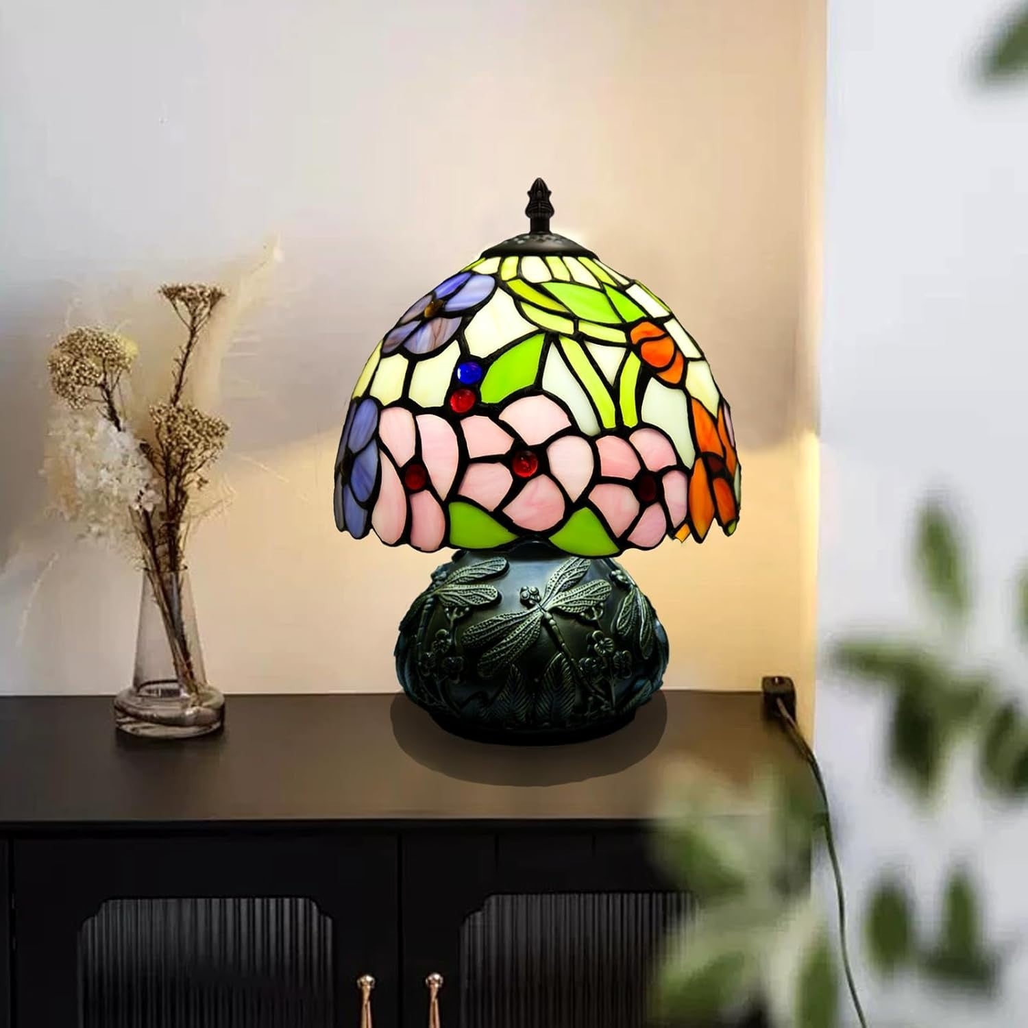 Stained Glass Table Lamp 8x8x11in Four Leaf Flower 3 Light Modes
