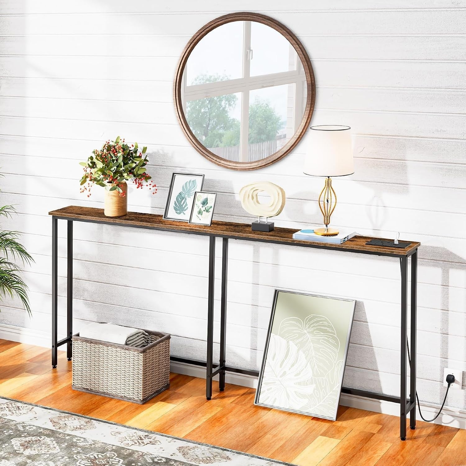 Slim Hallway Console Table with USB Charging, Narrow 180cm, Rustic Brown