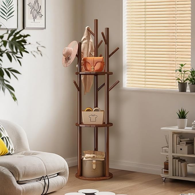 White Wood Freestanding Coat Rack | 3 Shelves 9 Hooks Hall Tree Stand for Coats