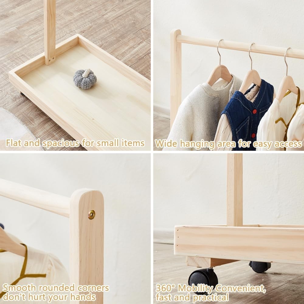 Kids Clothes Rack with Wheels, Wooden Toddler Stand Natural