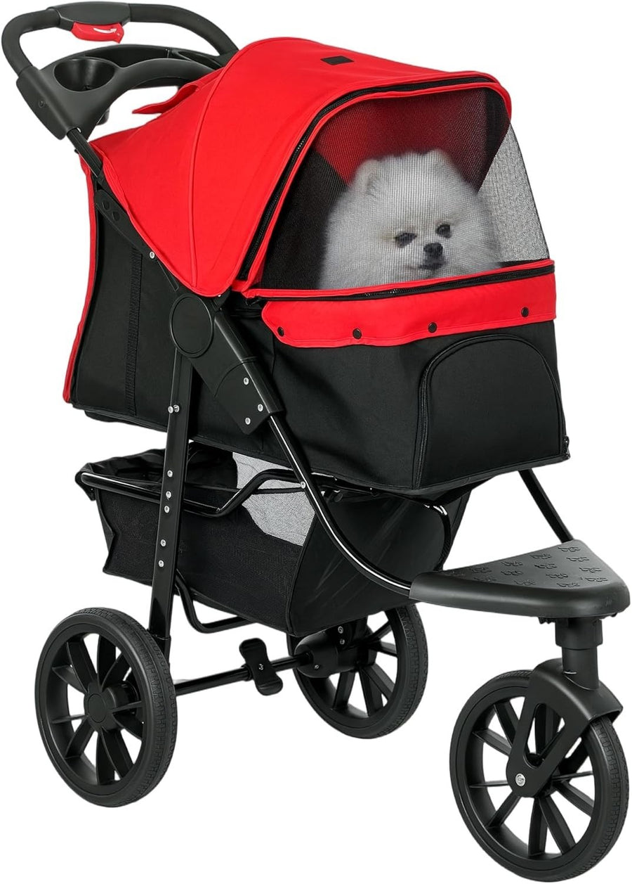 Foldable 3-Wheel Dog Stroller Red Pet Pram Small Dogs Cats Jogging Pushchair