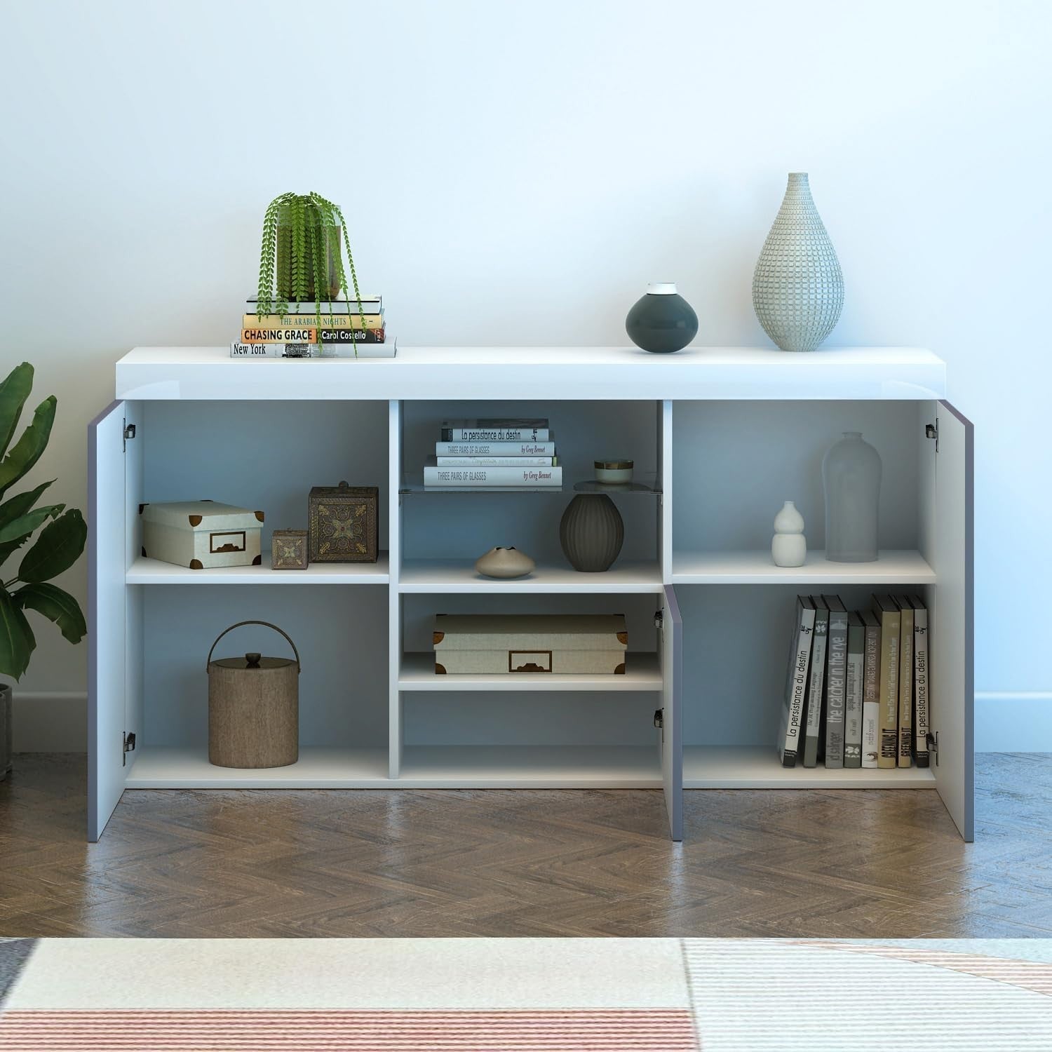 High Gloss Grey Sideboard Cabinet with LED Lights 3 Doors Storage Unit