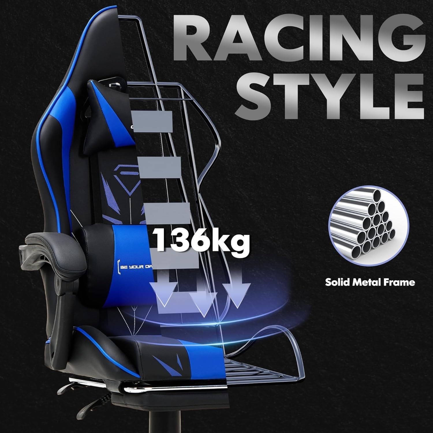 High Back Gaming Chair with Footrest Blue Faux Leather Computer Office Swivel Se